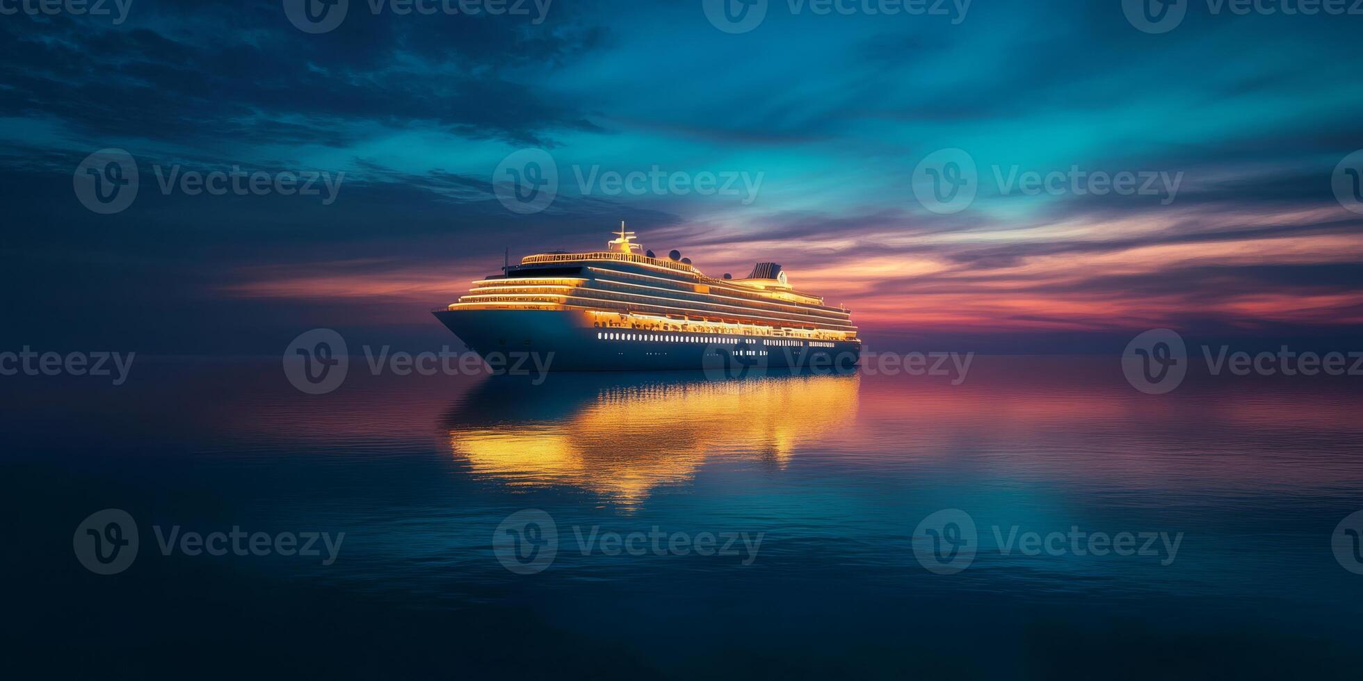 A serene cruise ship floats gracefully on the tranquil waters at twilight, reflecting a stunning sky while illuminating the peaceful sea, creating a captivating and breathtaking scene photo