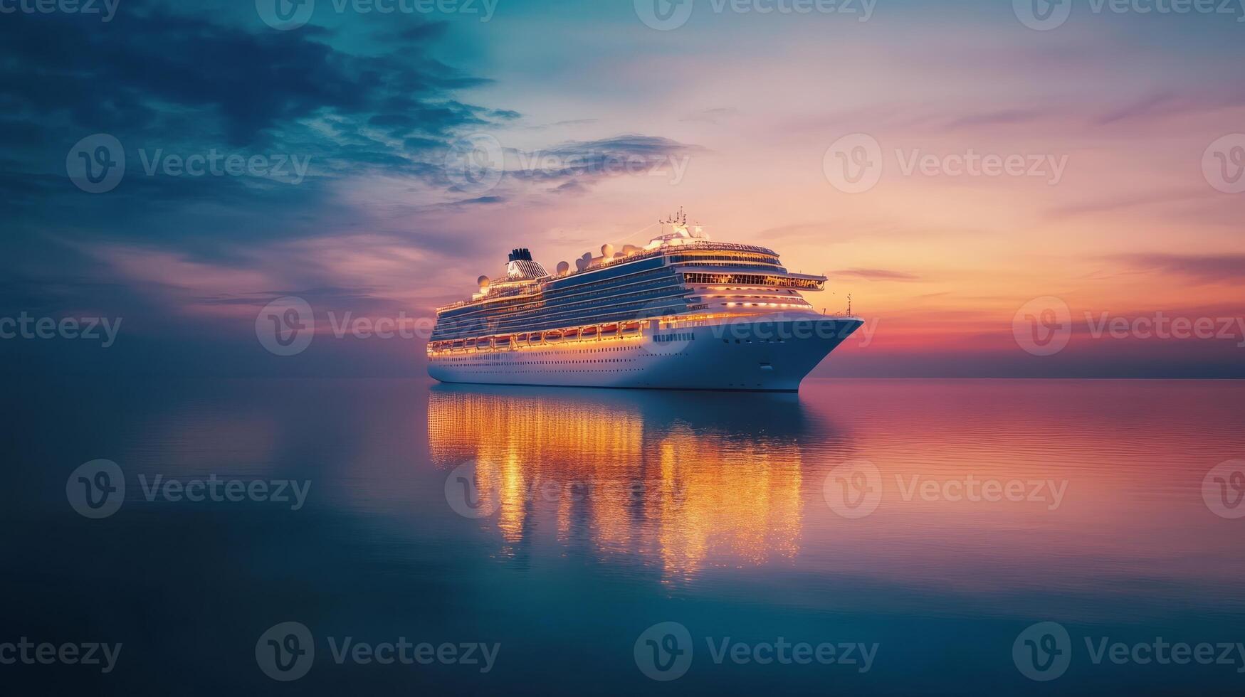 A luxurious cruise ship glows under twilight, with its reflection dancing on calm ocean waters, creating a serene and picturesque vacation scene ideal for relaxation and enjoyment photo