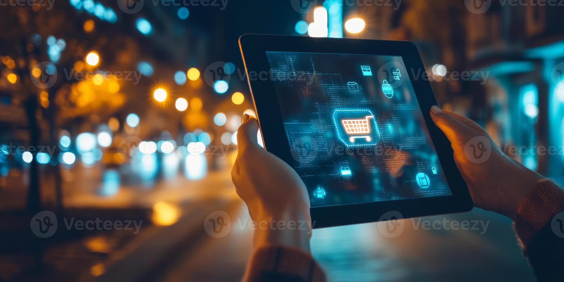 A person is outdoors at night utilizing a tablet with a stunning illuminated cityscape and digital interface photo