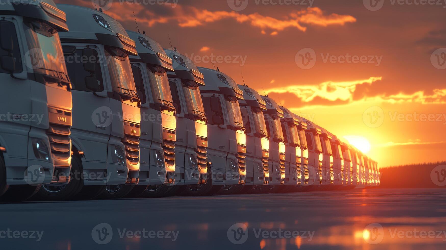 A fleet of trucks is parked neatly in a row beneath a breathtaking sunrise, getting ready for important logistics and freight deliveries, effectively symbolizing the bustling transportation industry photo