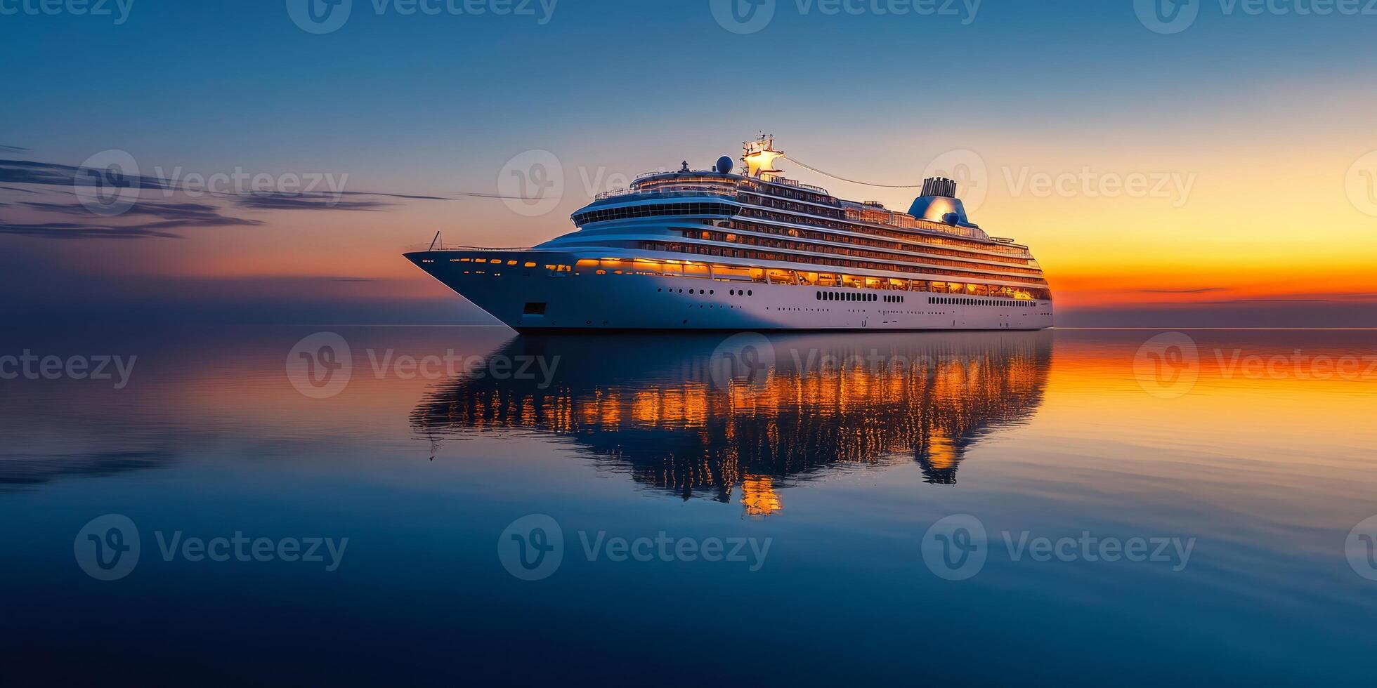 A majestic cruise ship, beautifully lit at twilight, glides over calm ocean waters. This luxurious vessel is ideal for travel, relaxation, and scenic adventures, perfect for a memorable vacation photo