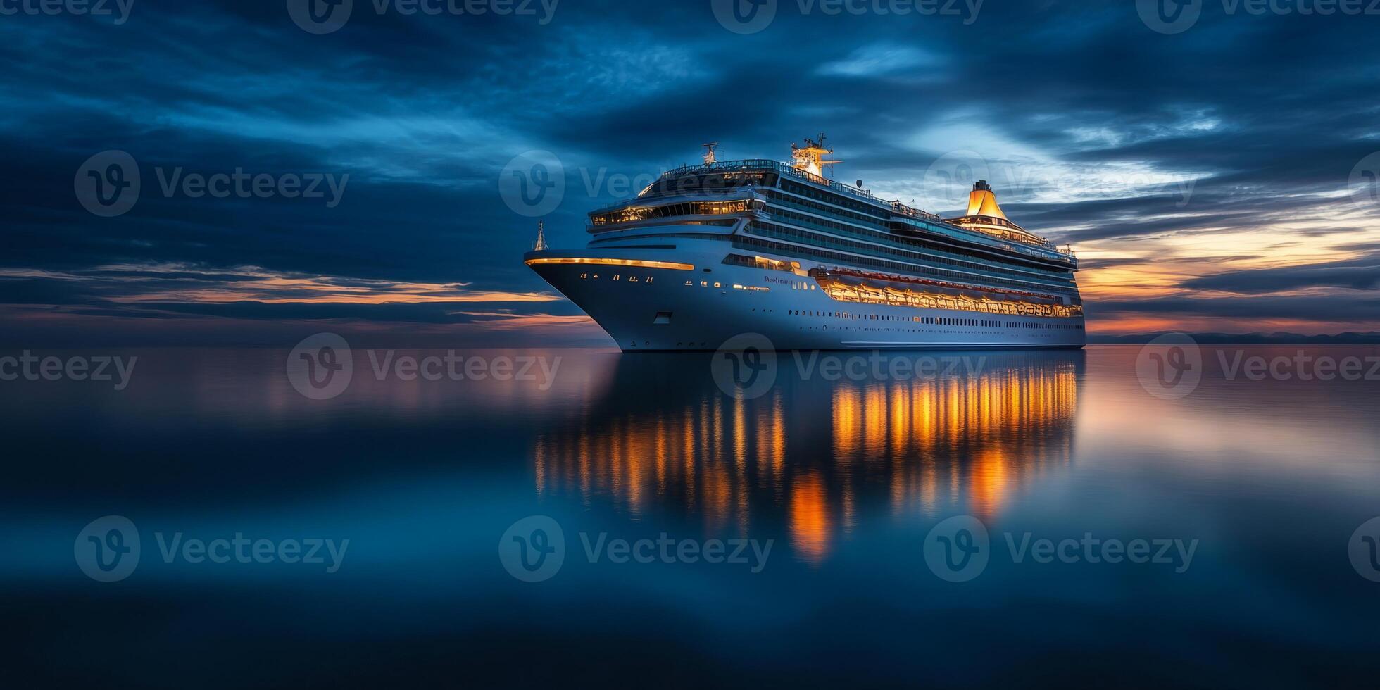 A breathtaking and tranquil view of a magnificent luxury cruise ship, beautifully illuminated at twilight, gracefully reflecting on the serene ocean waters beneath a peaceful, starry night sky photo