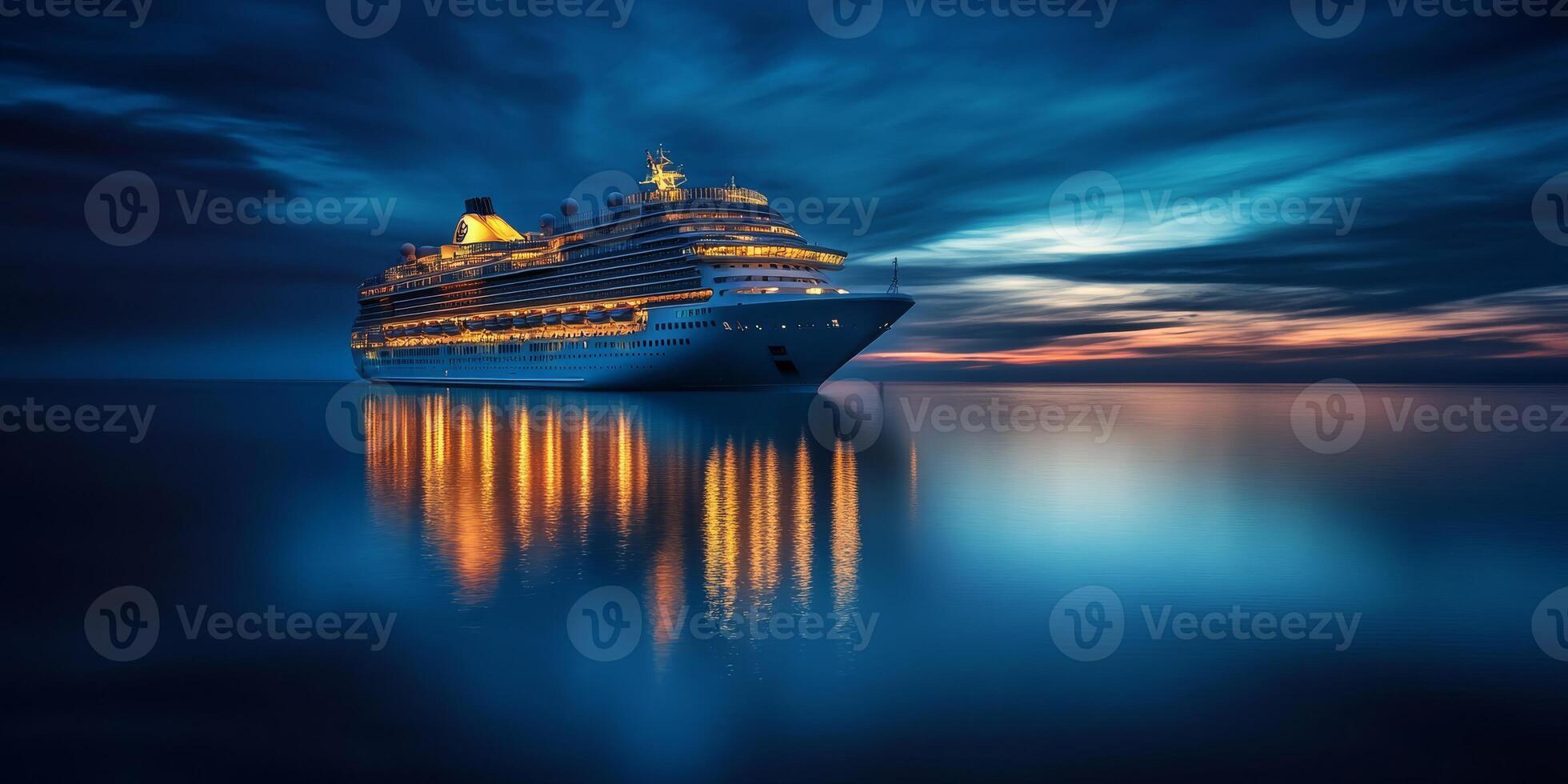 A magnificent cruise ship lights up the evening sky, gliding gracefully over calm waters, creating stunning reflections and offering a perfect escape for relaxation and leisure activities photo