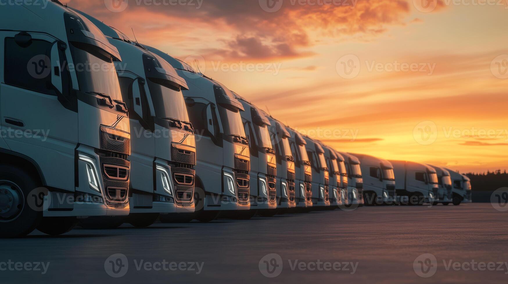 A neatly organized lineup of trucks is poised and ready for cargo transportation at the break of dawn, highlighting the logistics industrys preparedness for efficient shipping and freight services photo