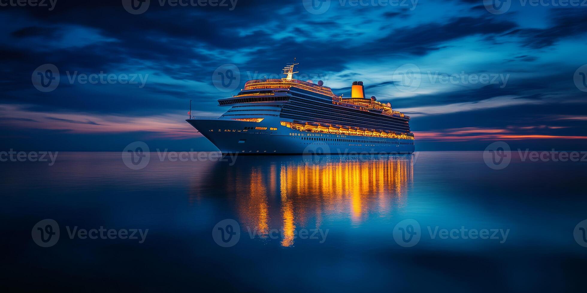 A stunning twilight view shows a magnificent cruise ship floating serenely on calm waters, glowing against a peaceful night sky, embodying luxury and the allure of endless travel adventures photo