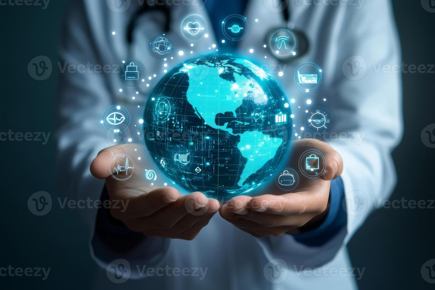 A holographic globe in a healthcare professionals hands symbolizes the fusion of advanced technology and modern medicine, highlighting groundbreaking advancements in global health shaping our future photo