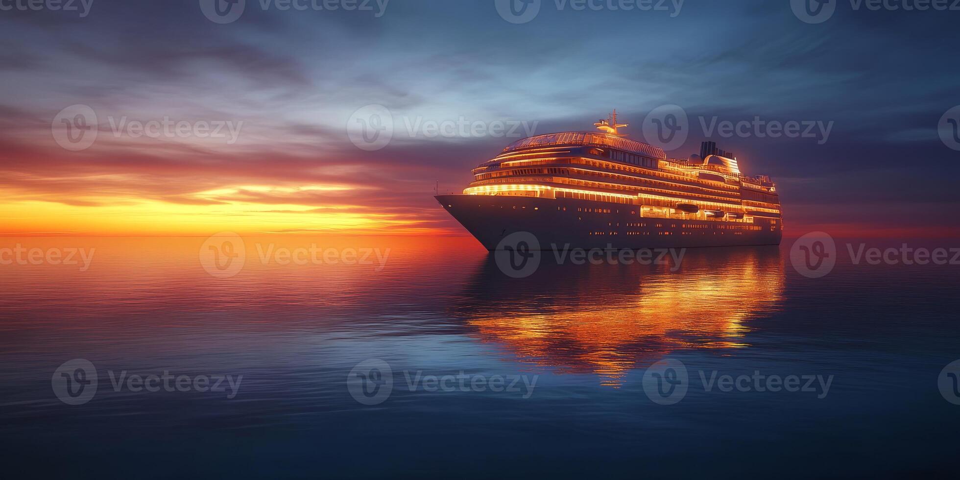 Experience the serene beauty and elegance of a stunning luxury cruise ship brilliantly illuminated against a tranquil twilight ocean, making it the perfect setting for a scenic evening getaway photo