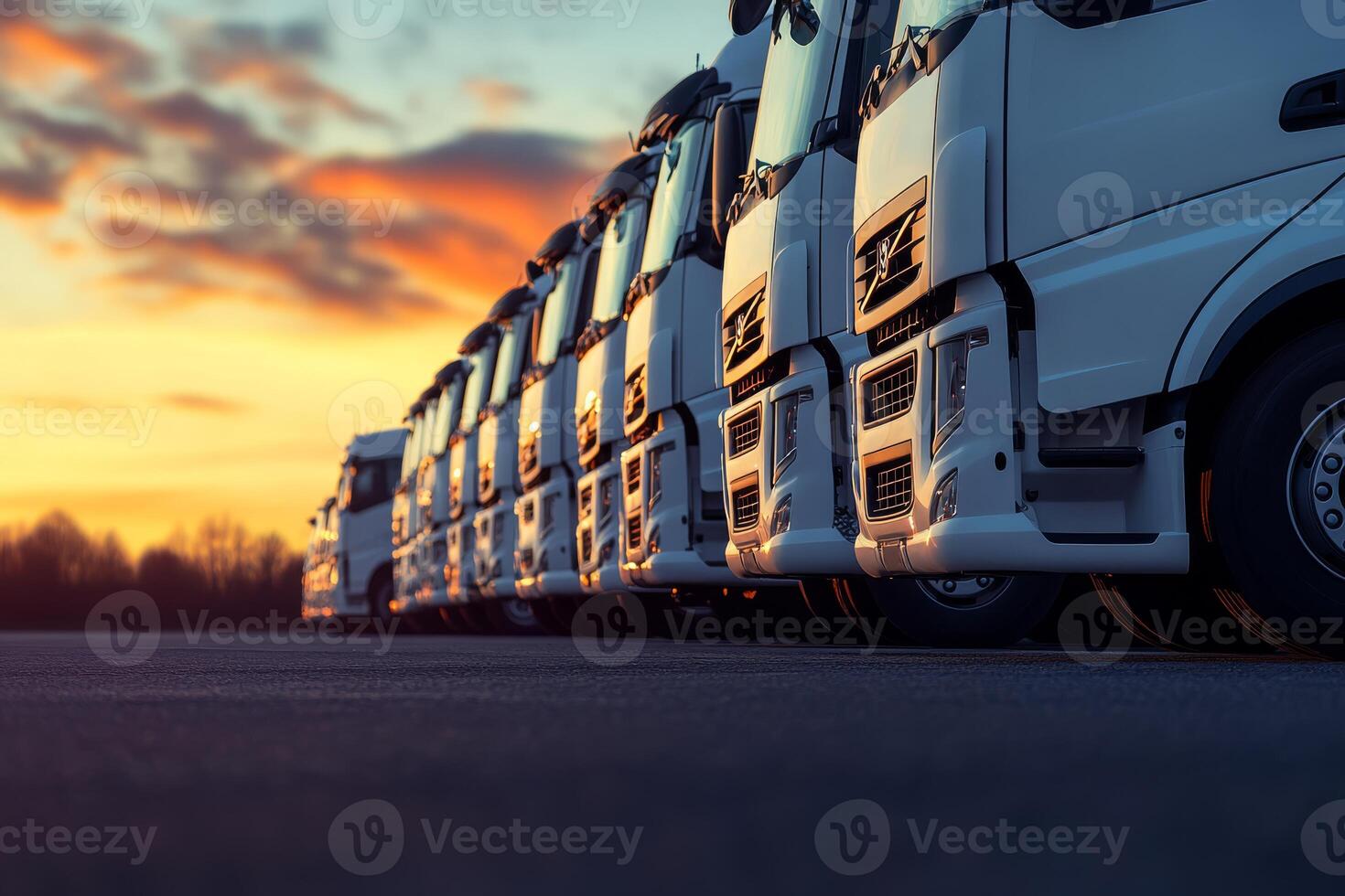 A vibrant fleet of trucks is meticulously lined up at sunrise, fully prepared for cargo transportation, showcasing the dynamic logistics, freight, and delivery industries in action photo
