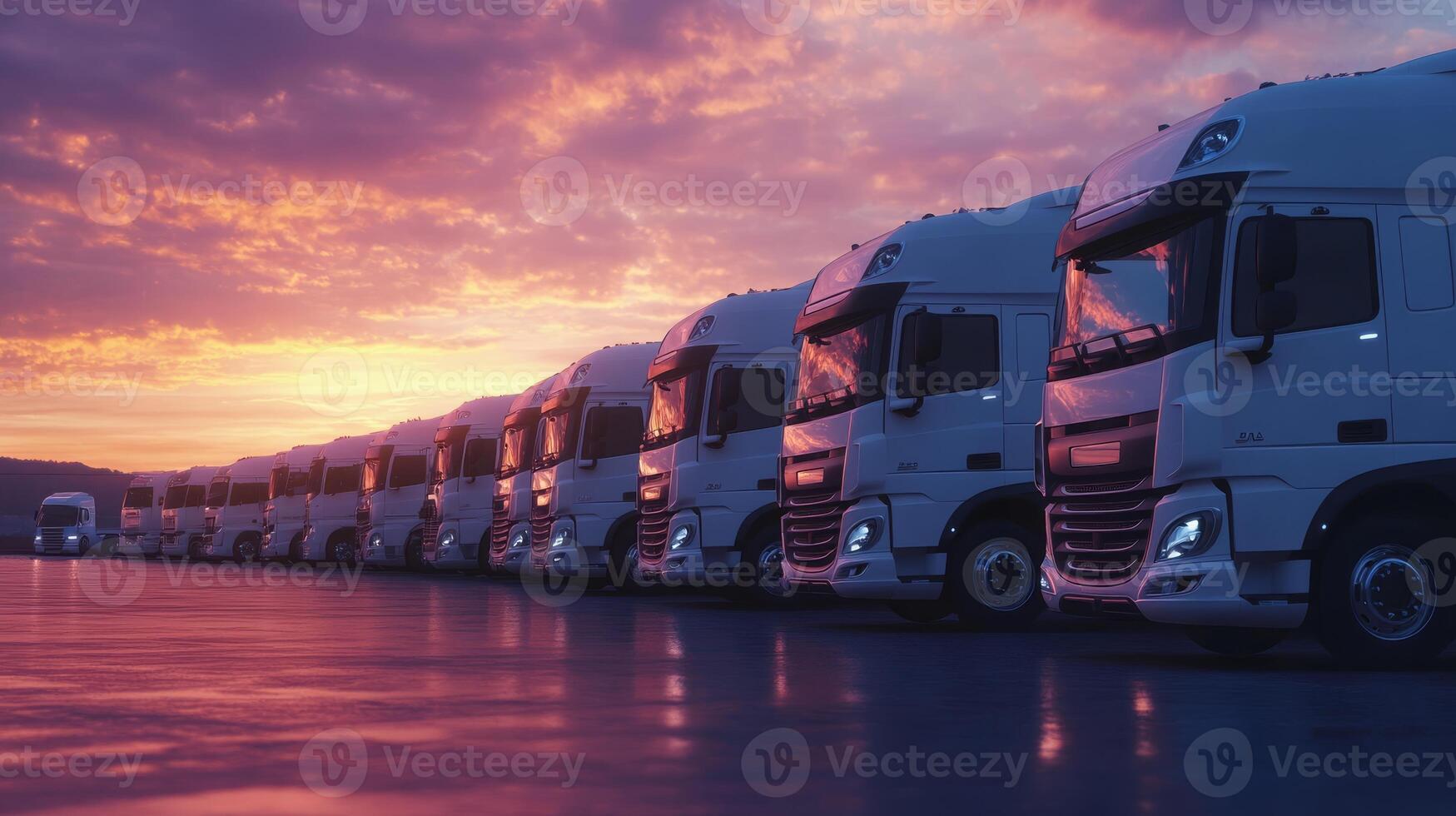 A fleet of parked trucks is poised, waiting for the break of dawn to begin their crucial deliveries, while the vibrant colors of the sky serve to beautify the surrounding industrial environment photo