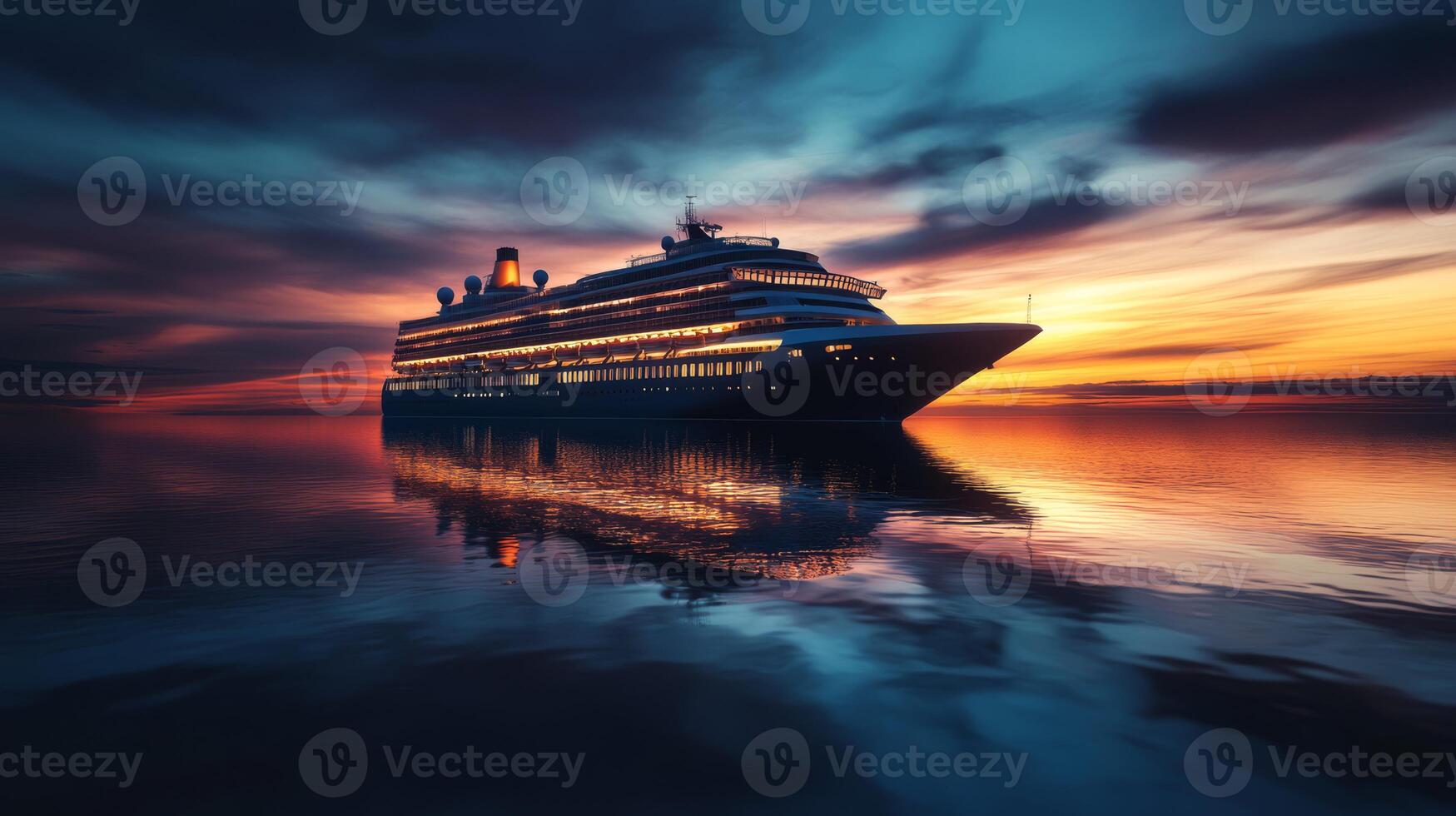 A stunning cruise ship illuminated against a serene twilight backdrop, reflecting on calm ocean waters, embodying luxury travel at sunset photo