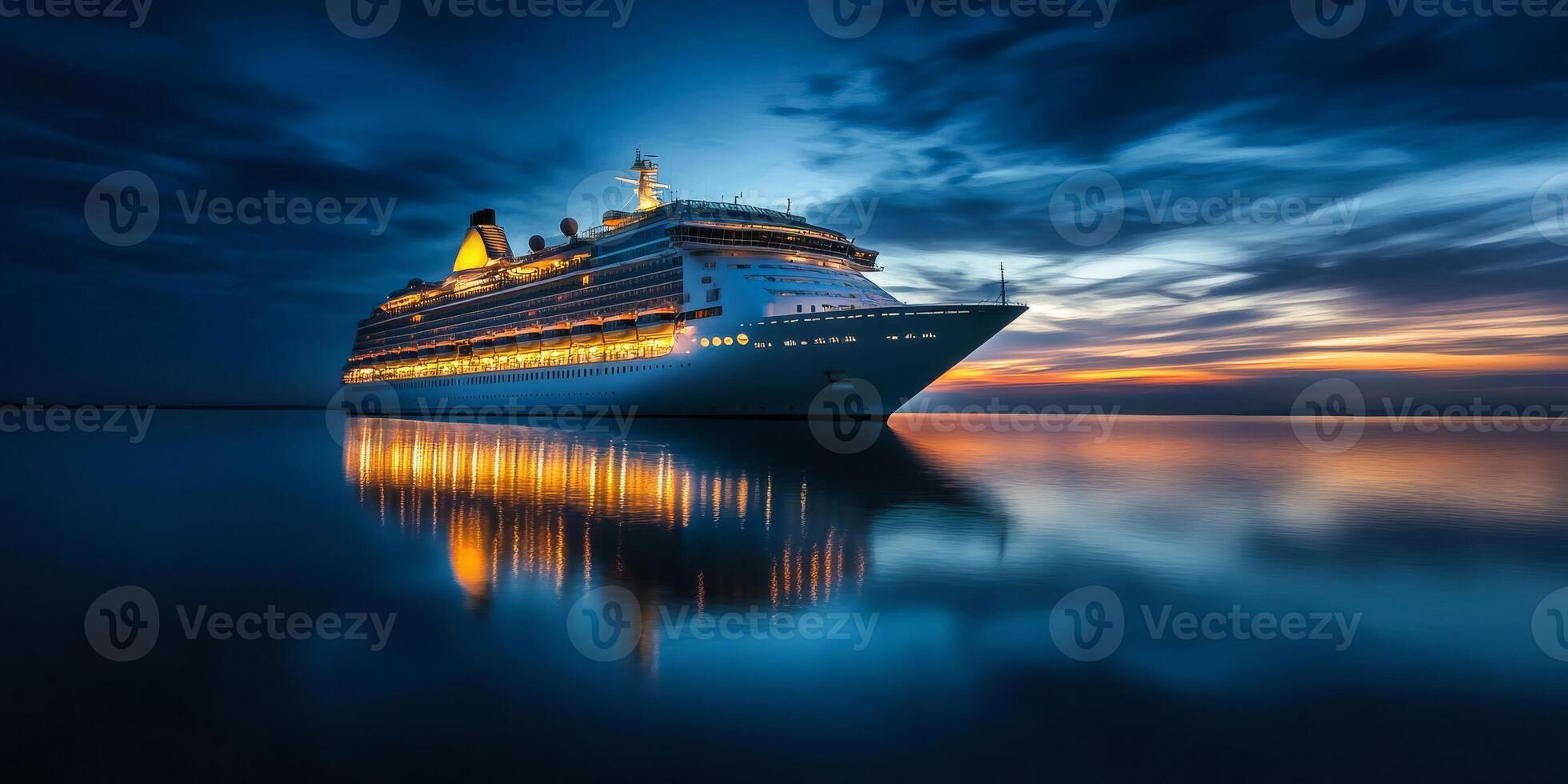 A breathtakingly stunning evening view of a luxurious cruise ship, gracefully illuminated beneath a calm and enchanting twilight sky, reflecting beautifully on the tranquil ocean waters below photo