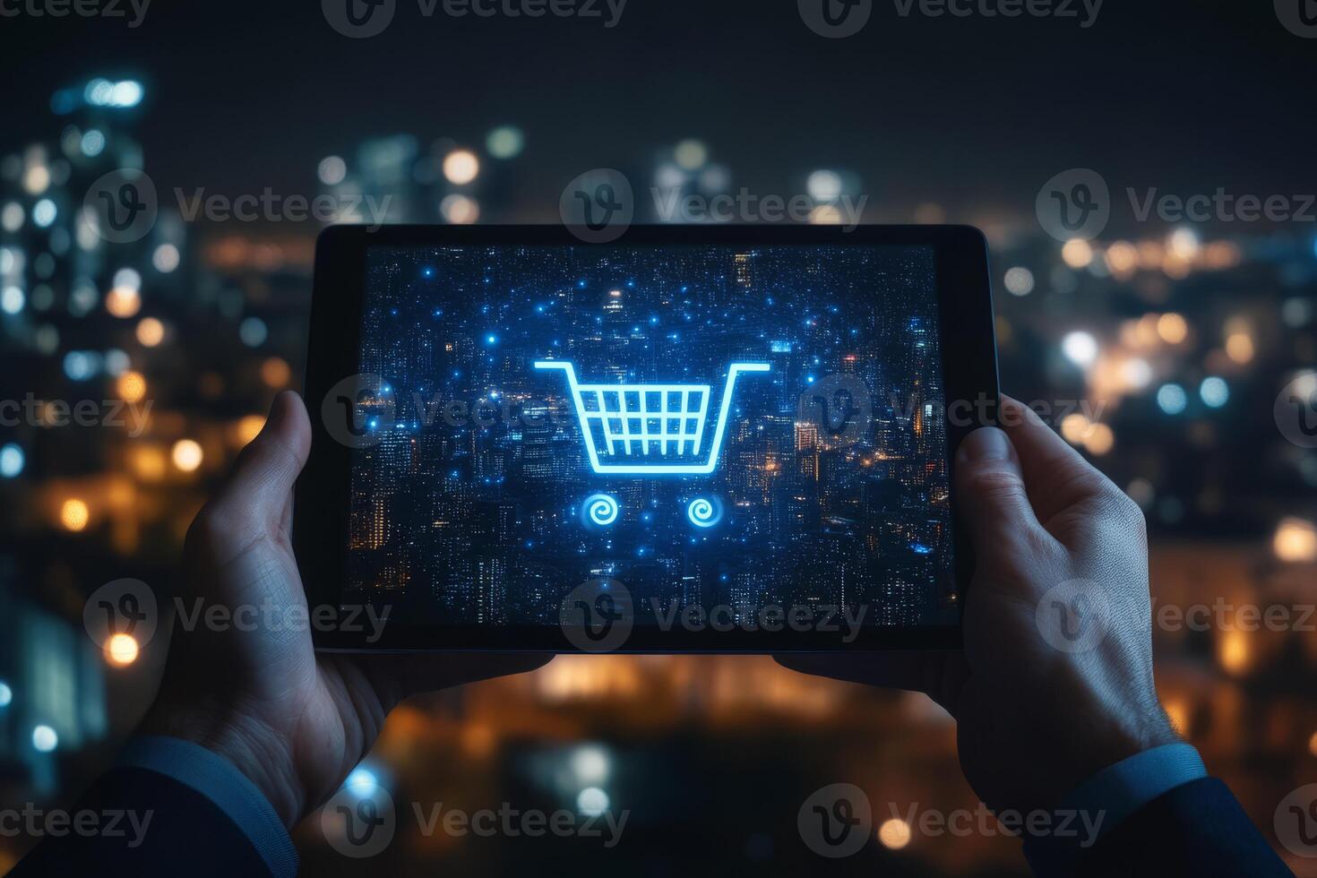A person holds a tablet that shows a shopping cart icon while standing in front of a vibrant city skyline photo