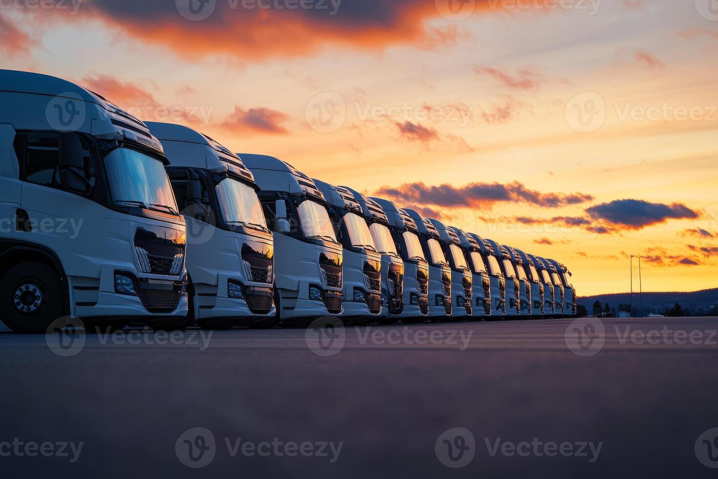 A diverse fleet of parked trucks is lined up gracefully against the backdrop of a breathtaking sunrise, all set and prepared for upcoming cargo transport and logistics operations to commence photo