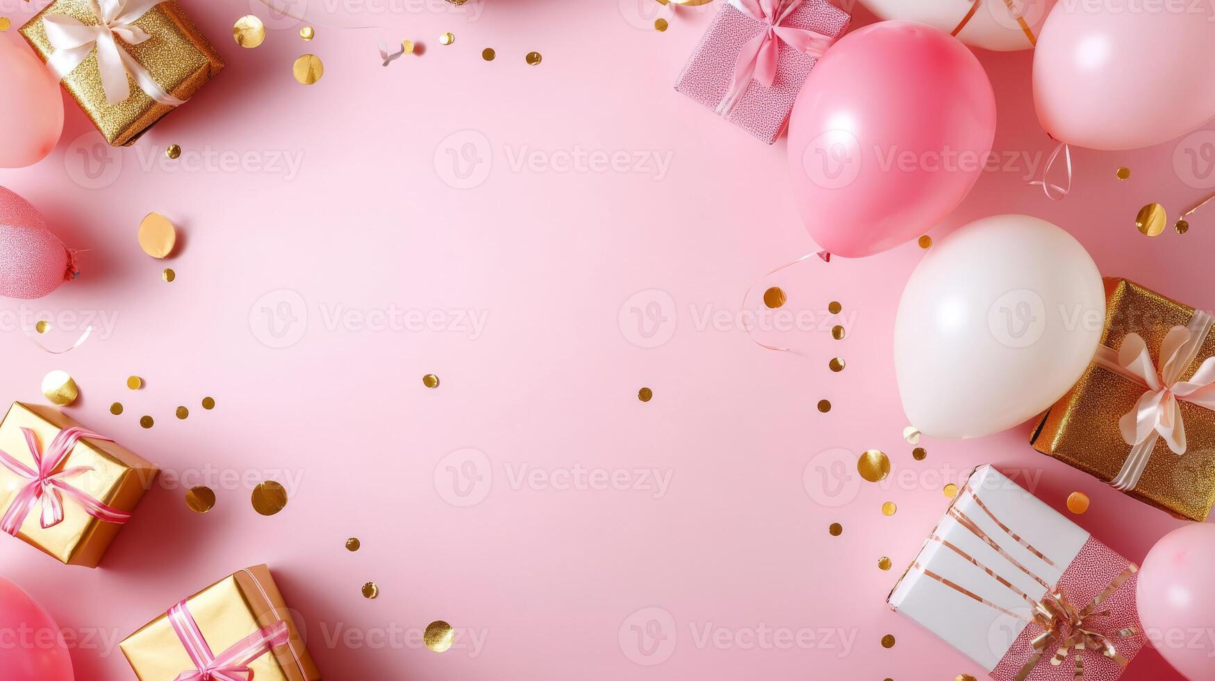 This vibrant background features pink balloons, gold confetti, and colorful wrapped gifts, creating a joyful atmosphere perfect for celebratory events full of happiness, cheer, and excitement photo