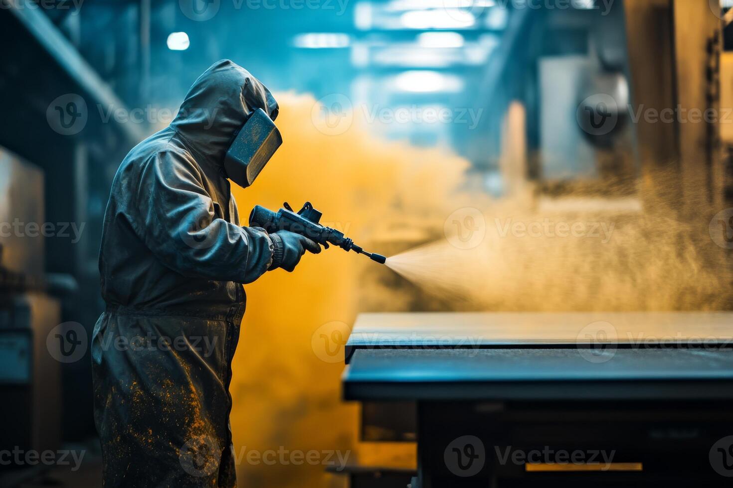 In an industrial setting, a skilled technician expertly sprays innovative powder coating on metal surfaces, using advanced machinery and safety measures to ensure optimal performance and quality photo