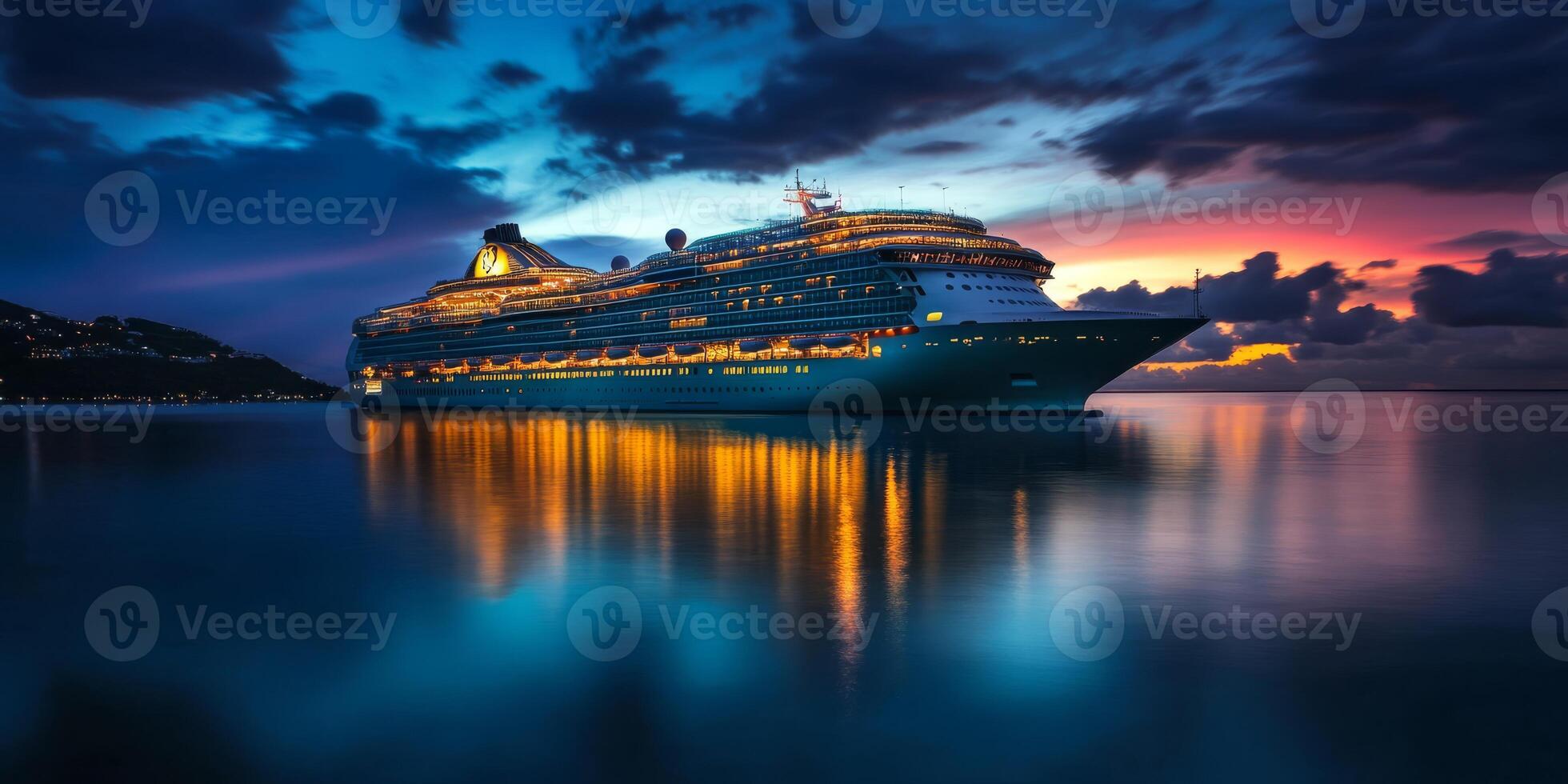A luxurious cruise ship illuminates the enchanting twilight sky, casting a mesmerizing reflection on the calm ocean waters, embodying serenity and stunning beauty that captivates the soul photo