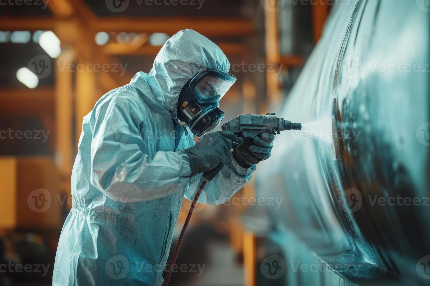 In a busy factory, a skilled technician in protective gear sprays bright orange paint on machinery for corrosion prevention, achieving high finish quality and showcasing modern production techniques photo