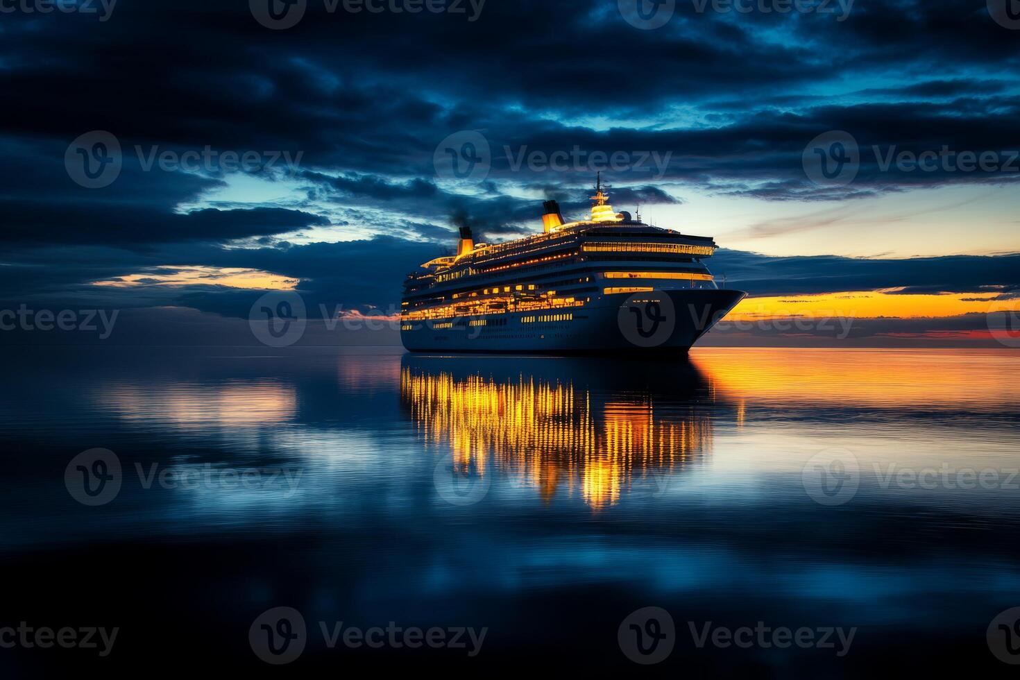 A stunning cruise ship beautifully glows at twilight, elegantly floating on calm, inviting ocean waters, embodying the essence of luxurious travel and serene maritime adventures that captivate all photo