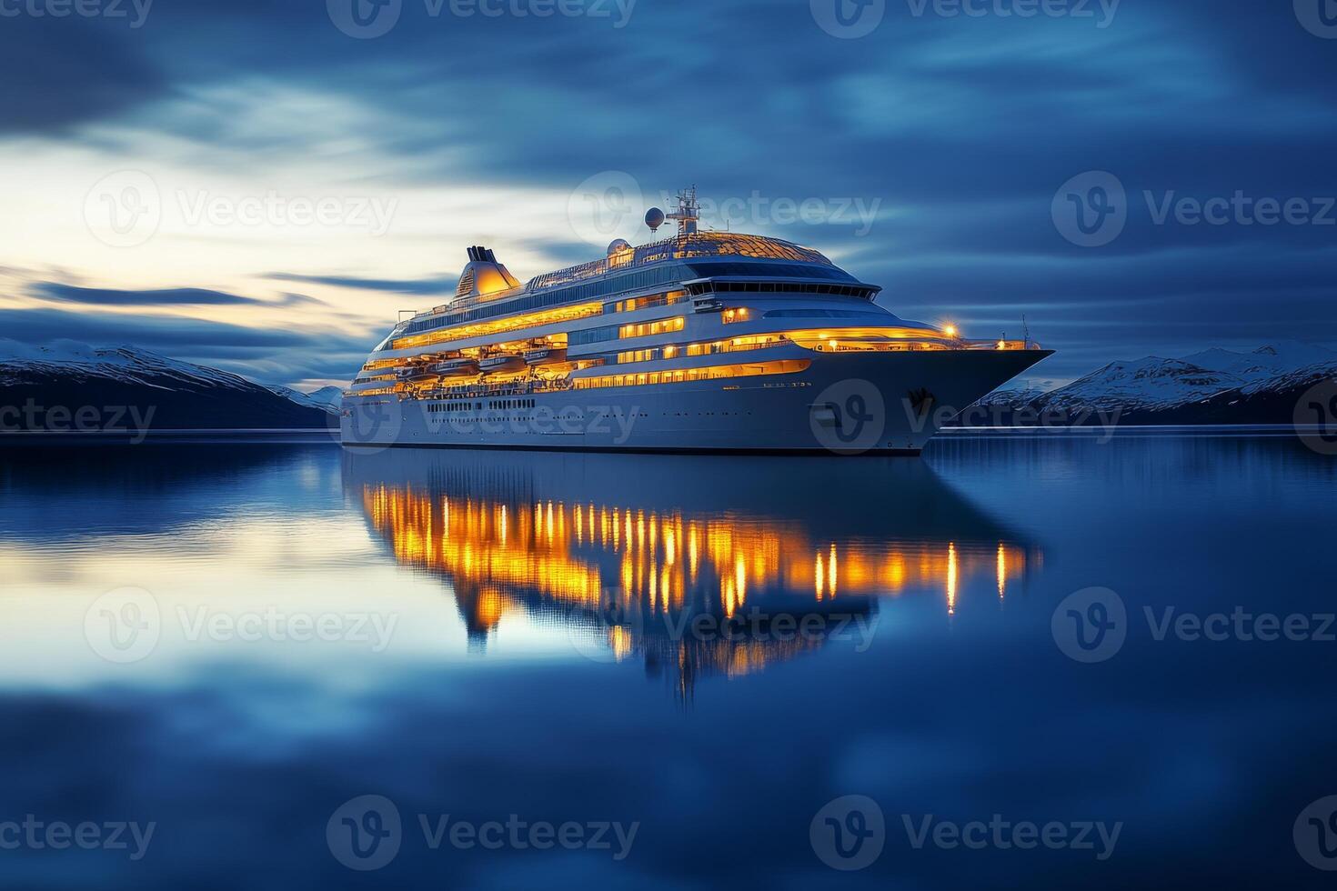 A luxurious cruise ship glows in twilight, floating on calm waters under a stunning night sky, offering travelers a tranquil escape ideal for leisure and relaxation during their journey photo