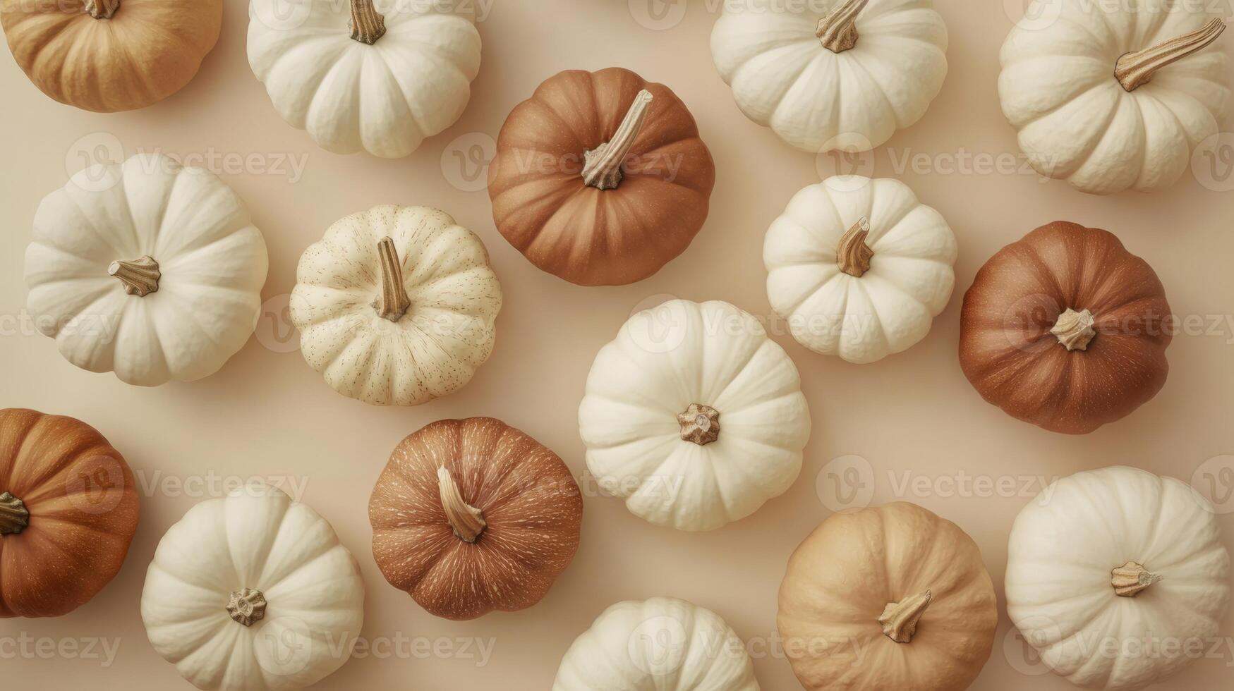 This cozy flat lay showcases soft beige and rich brown pumpkins, capturing autumns spirit. Its perfect for fall gatherings, Thanksgiving, and Halloween, offering inspiration for chic, elegant decor photo