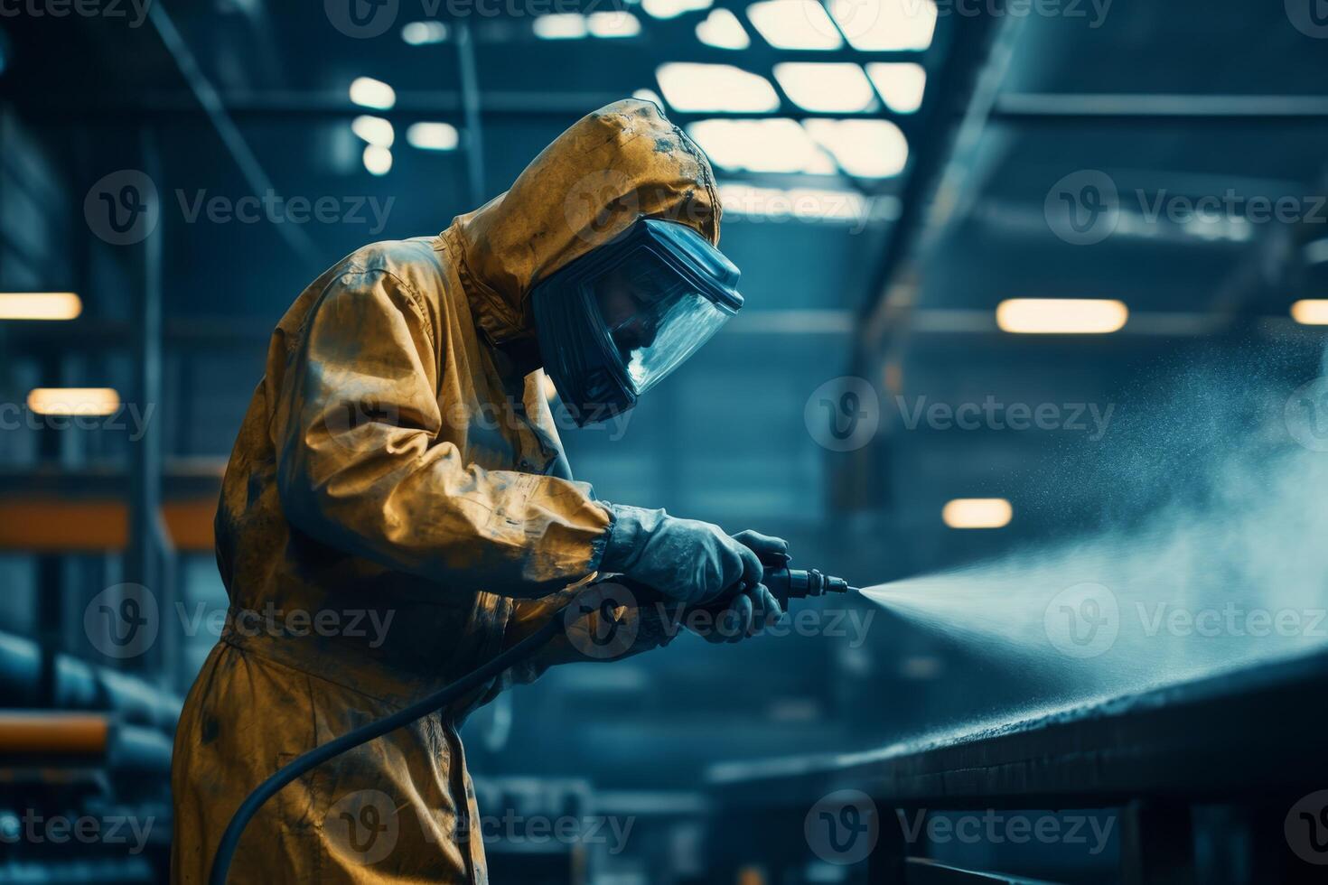 A technician in an orange safety suit uses a spray painter in a modern facility, demonstrating advanced coating techniques for metal surfaces and components, ensuring quality and durability photo
