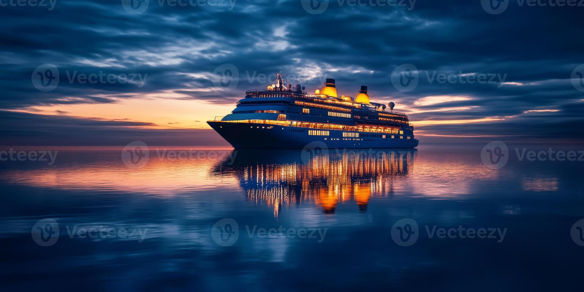 Imagine a serene evening with a luxury cruise ship, beautifully lit, floating on calm waters, reflecting the stunning twilight sky, and providing an ultimate escape from daily chaos photo