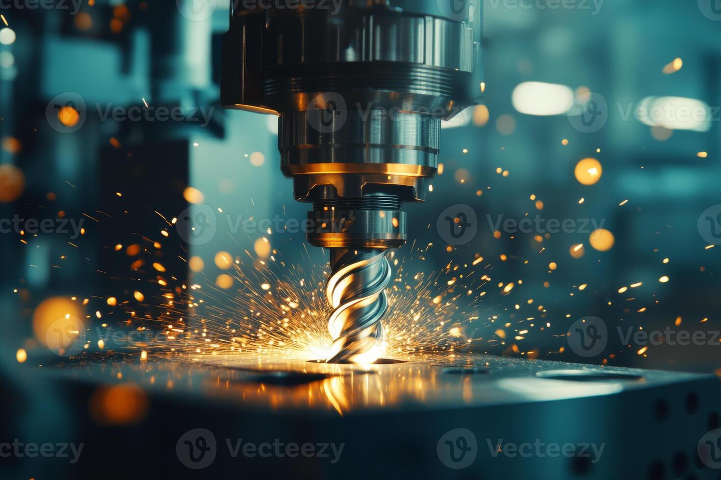The image shows a closeup of an active drill bit, showcasing advanced metalworking technology and precision engineering in an industrial context, emphasizing manufacturing excellence and efficiency photo