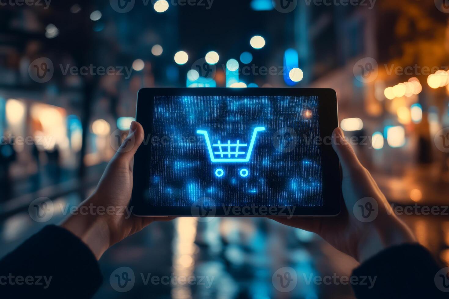 A shopper's hands hold a tablet displaying a glowing shopping cart icon in a busy urban setting at night. photo