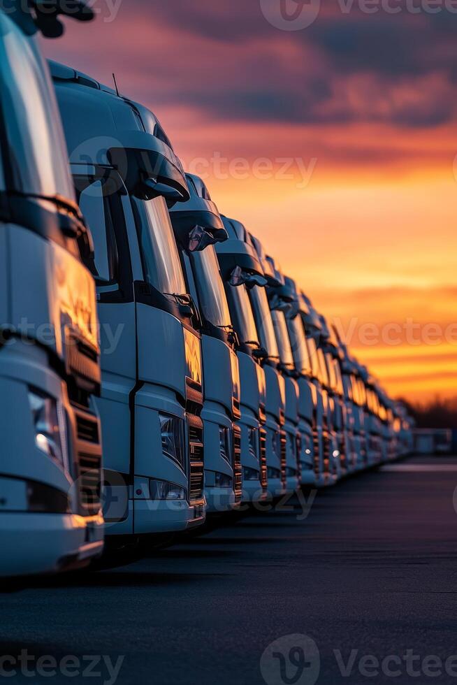 A row of parked trucks lined up at dawn, poised for transport and delivery in the logistics industry. Perfect for freight and cargo services photo