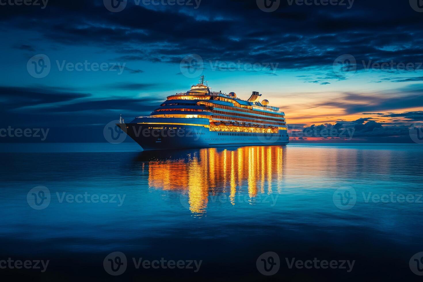 A luxurious cruise ship, illuminated at twilight, casts stunning reflections in calm waters, embodying luxury travel and relaxation, inspiring enthusiasts to embark on unforgettable ocean adventures photo