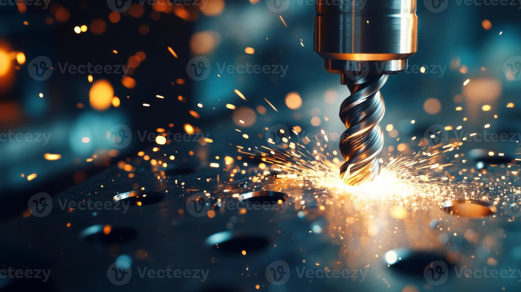 Closeup of an active drill bit in operation, vividly showcasing the sparks, precision, and detailed process involved in the complex world of metal manufacturing and machining techniques photo
