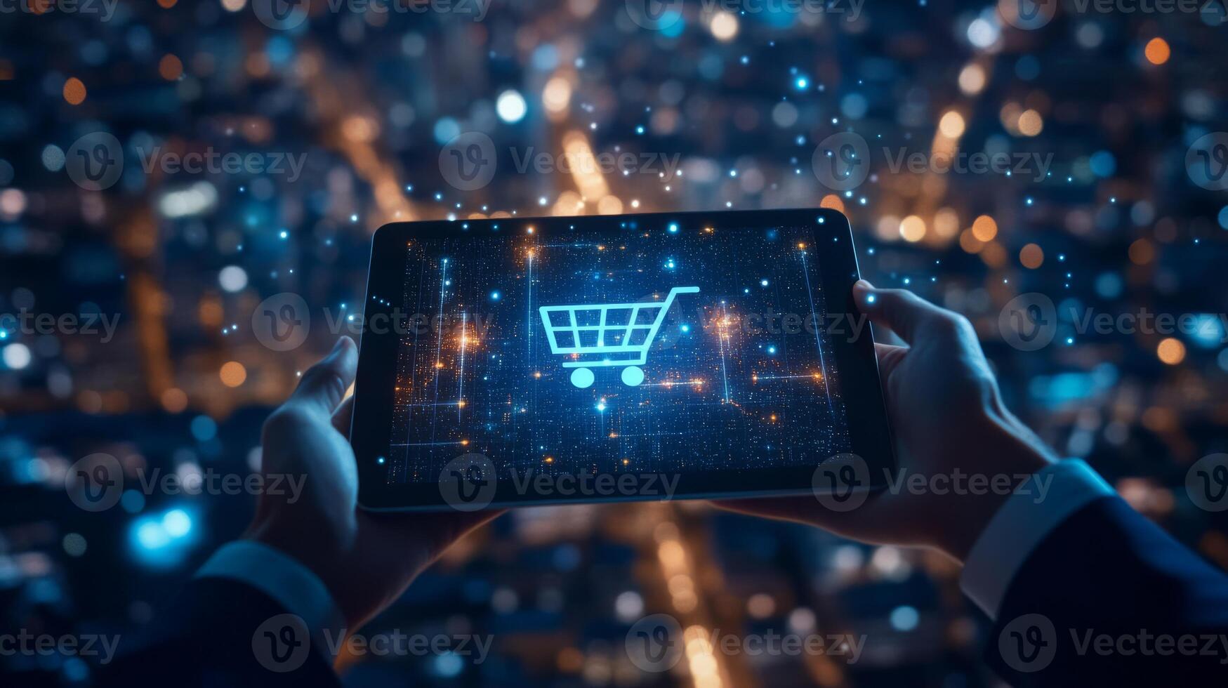 A vibrant cityscape showcases a futuristic view of online shopping, highlighting a tablet in action photo