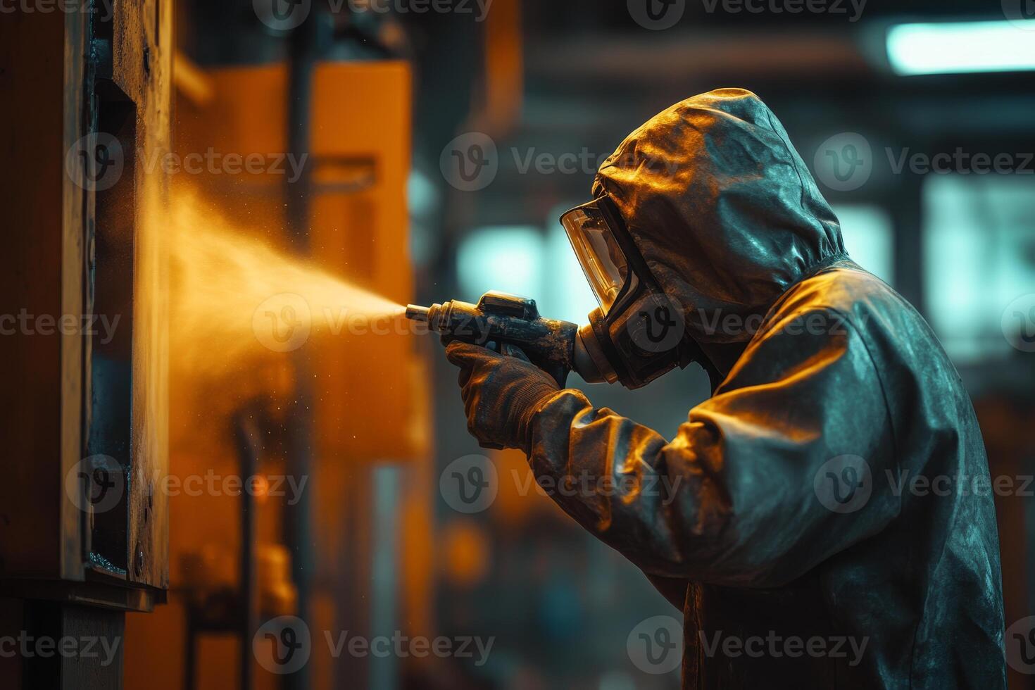 A skilled technician in protective gear meticulously sprays industrial paint in a busy facility, ensuring quality control and effective corrosion protection for various components photo