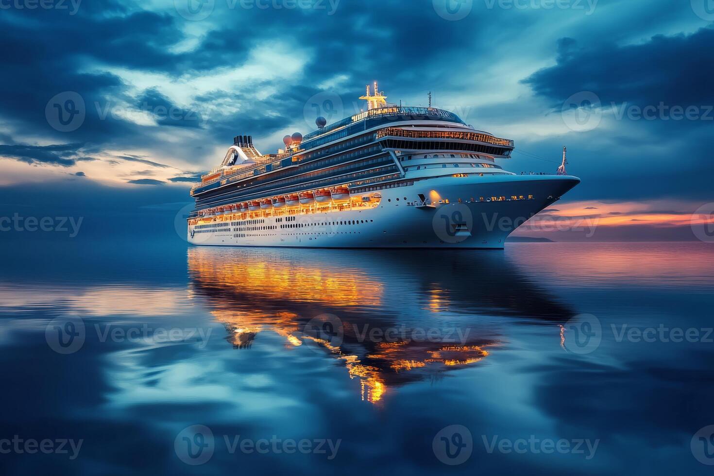 As the sun sets, a luxurious cruise ship glows warmly, reflecting on the calm ocean waters, creating an enchanting atmosphere for an unforgettable evening under the twinkling stars photo