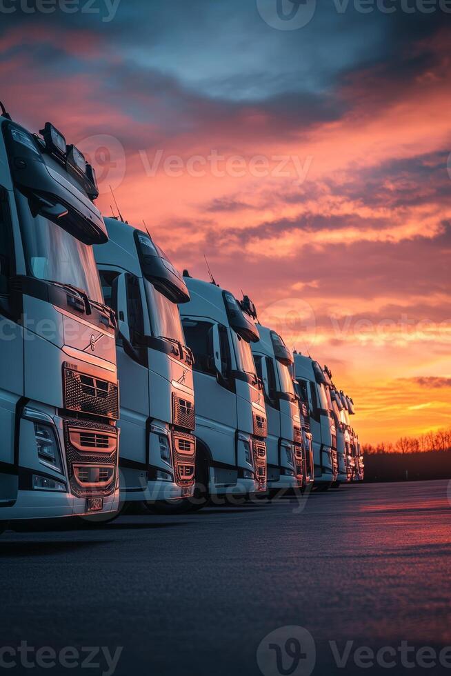 A fleet of trucks is ready for morning deliveries, essential for businesses. The vibrant sunrise symbolizes the logistics industrys commitment to transport efficiency and timely service photo