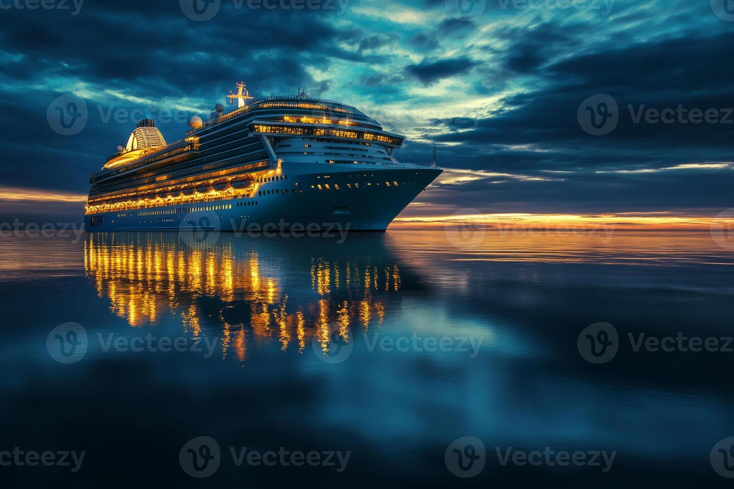 Experience the beauty of a spacious cruise ship gliding under a twilight sky, reflecting hues on serene waters, leading to a peaceful night full of exploration possibilities and new adventures photo