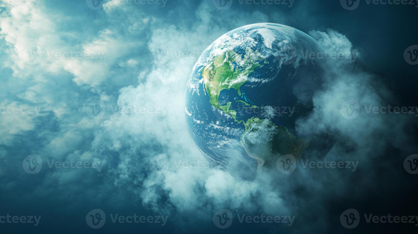A stunning view of Earth, magnificently surrounded by fluffy clouds, capturing the beauty of our planet photo