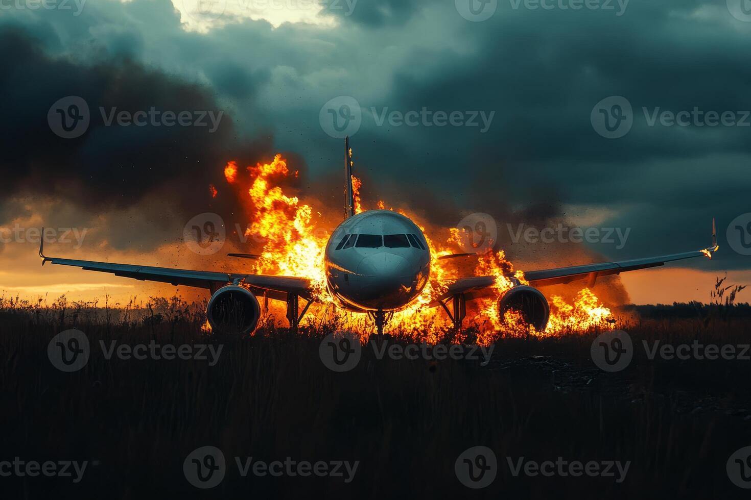A commercial plane caught fire shortly after it made an emergency landing, resulting in significant chaos as extensive rescue efforts began amidst thick smoke, debris, and widespread destruction photo