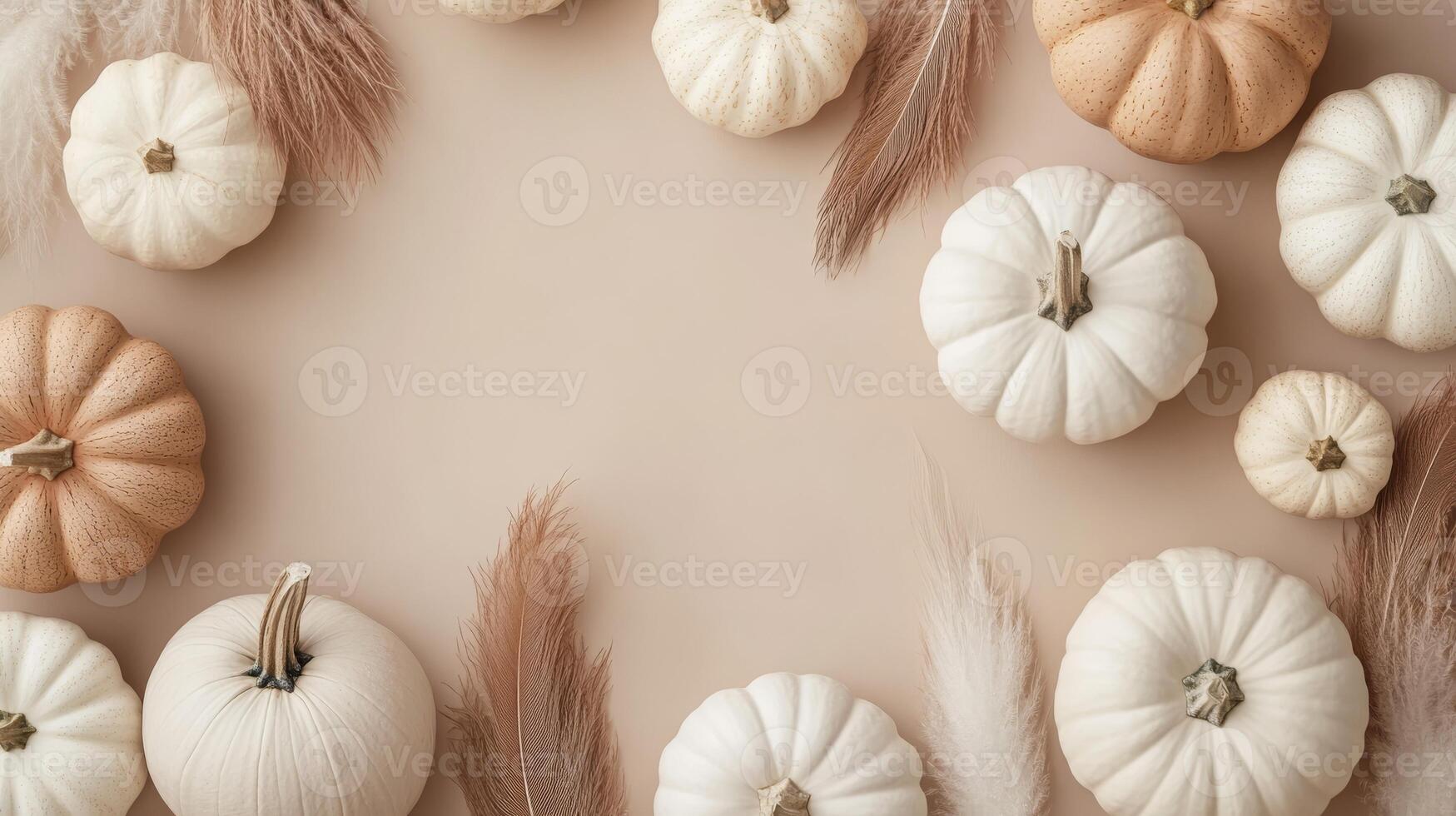 This arrangement features cozy beige and white pumpkins with delicate feathers, set against a soft pastel background, perfect for autumn decor and celebrations that inspire warmth and joy photo