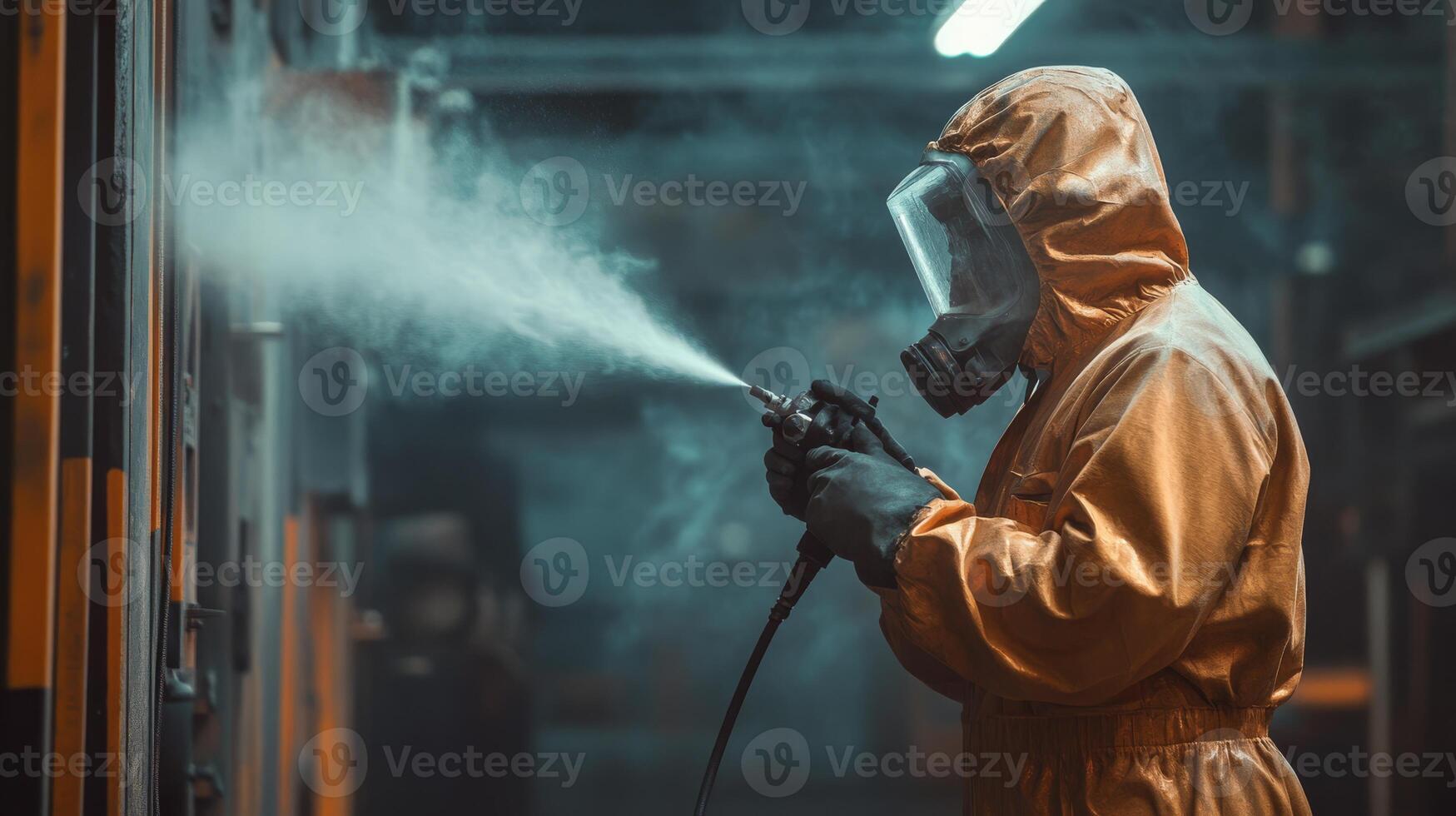 A technician in protective gear carefully spray paints machinery in a busy factory, emphasizing safety and precision in industrial coatings for durability and optimal functionality photo