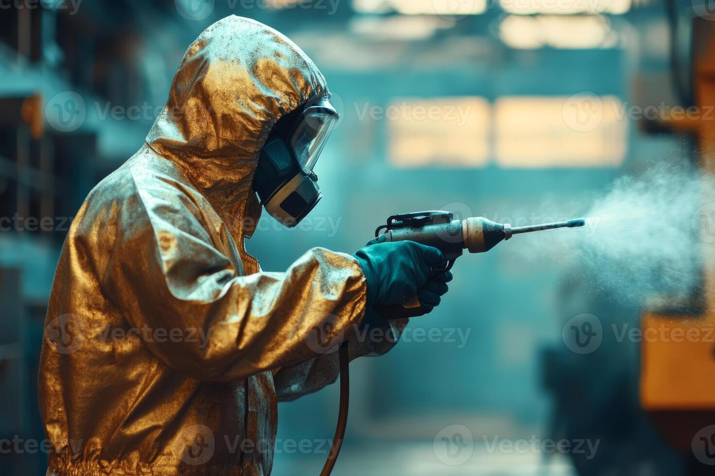 A skilled technician in protective gear sprays industrial coatings on machinery, ensuring compliance with quality and safety standards in a modern precision manufacturing facility photo