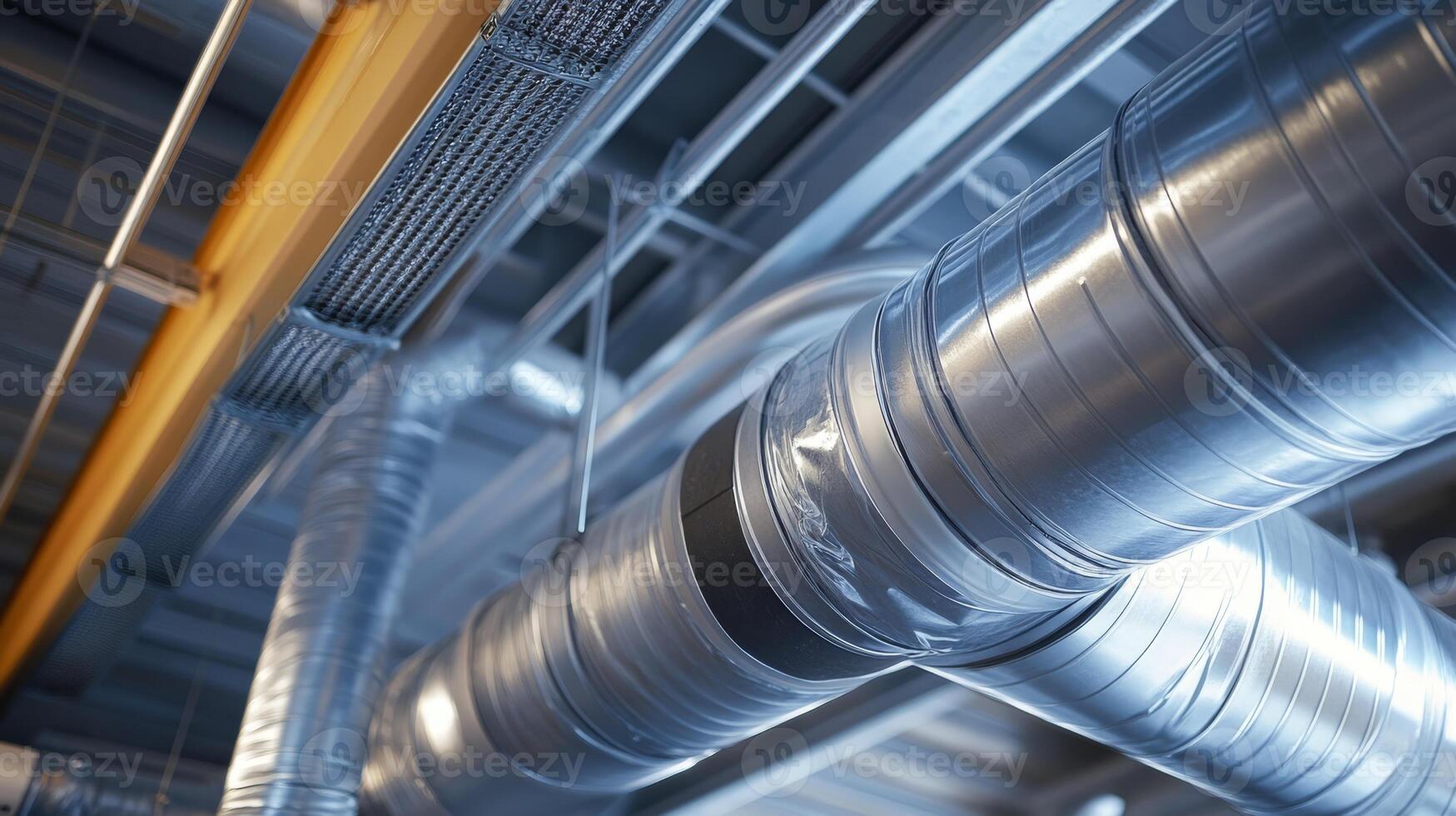 This image showcases an advanced HVAC system that features metallic ducts and pipes, which are critical components for ensuring optimal heating and cooling performance in various industrial settings photo