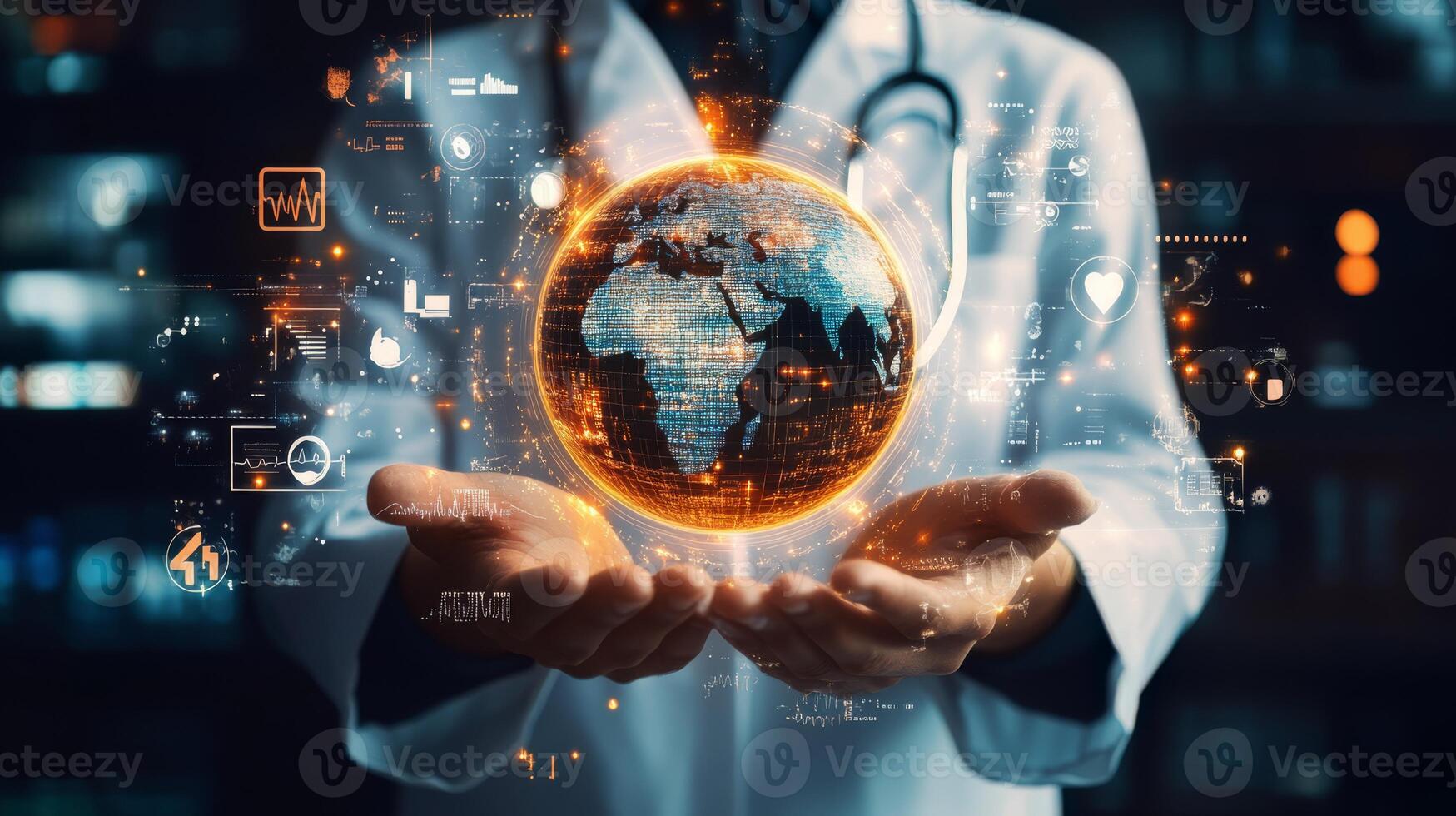 A modern doctor holds a holographic globe, symbolizing the integration of advanced technology and healthcare, highlighting global connections and the promising future of health innovations photo