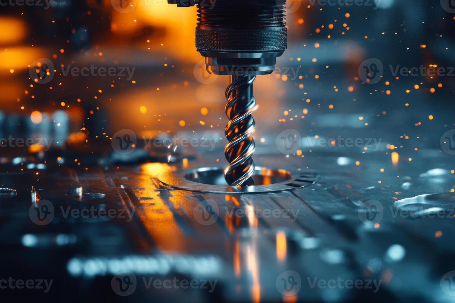 Closeup of a spinning drill bit cutting precision metal in an industrial machine workshop, showcasing advanced technology in manufacturing photo