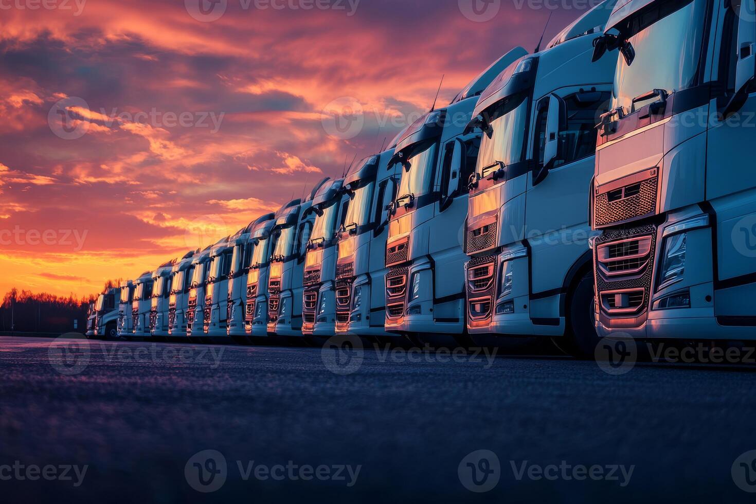 A wellorganized fleet of parked trucks is standing ready and poised for the days transport cargo operations, beautifully framed against the stunning backdrop of a picturesque sunrise sky photo