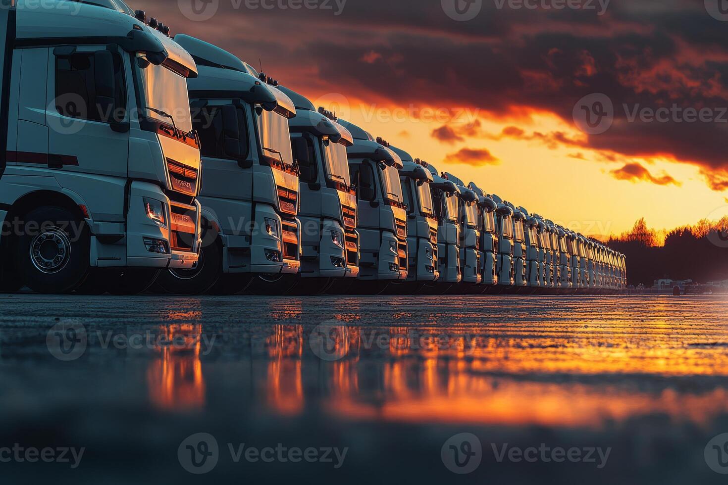 A line of trucks is parked peacefully under a beautiful sunrise, ready for cargo delivery, providing a perfect backdrop for discussions on logistics and transportation in our industry photo