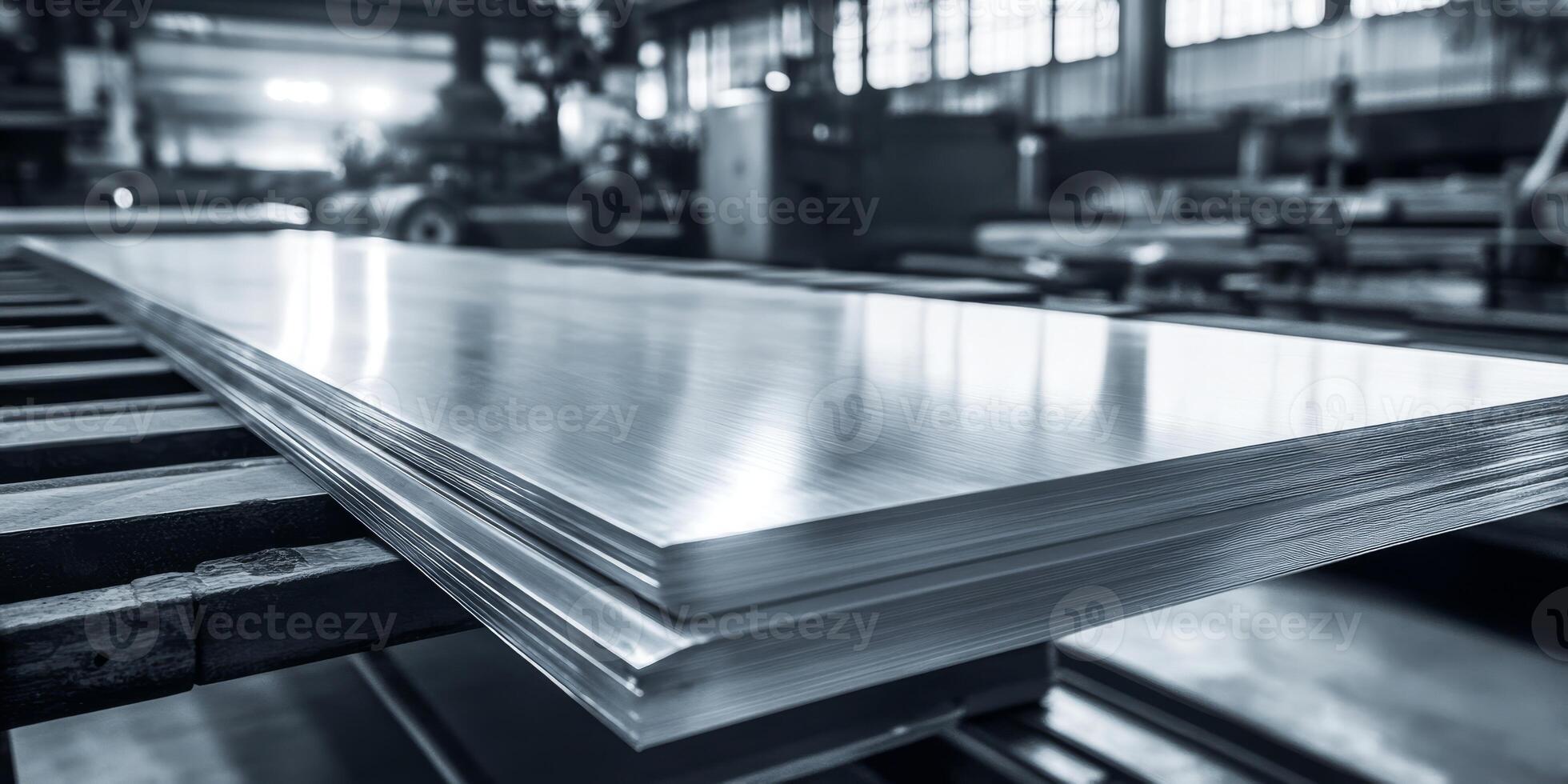 A captivating view of stainless steel sheets being processed in a busy factory, highlighting the intricate manufacturing and metalworking processes essential for creating these remarkable materials photo