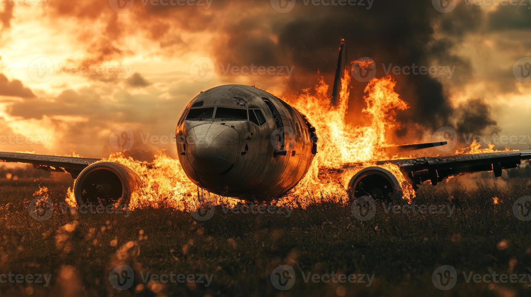 A chaotic scene unfolds as an airplane crashes, engulfed in flames and smoke, with debris scattered, highlighting emergency response efforts and the devastation from this tragic accident photo