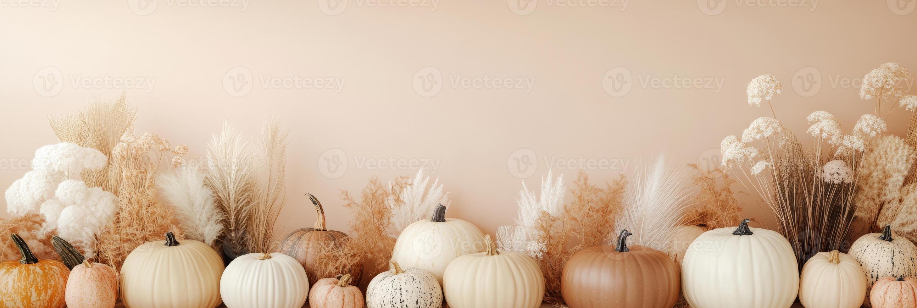 A serene flat lay of beige and brown pumpkins with dried flowers and feathers, perfect for autumn decor to enhance cozy vibes for seasonal celebrations, especially Thanksgiving and festive gatherings photo