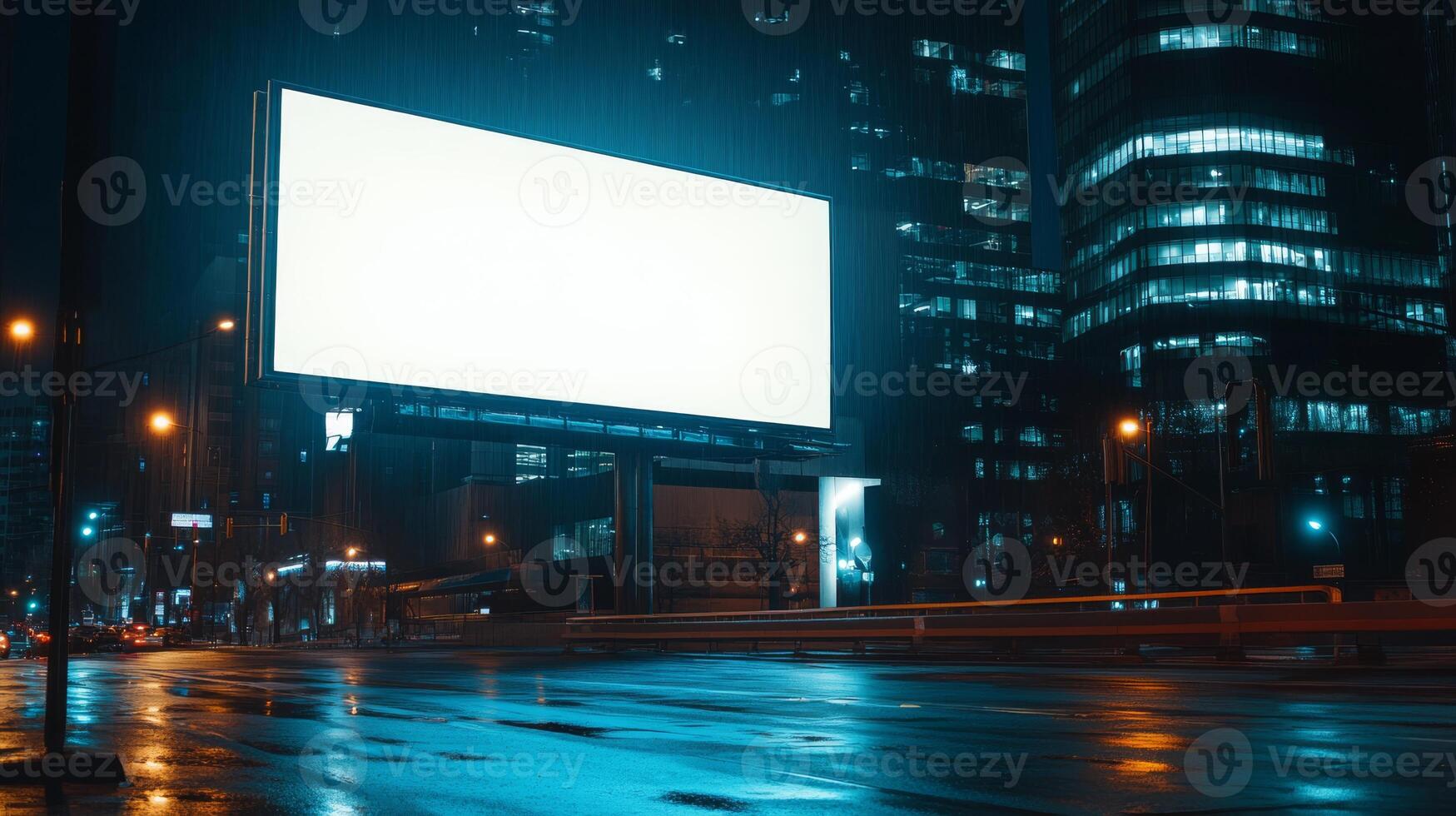 A blank billboard stands brightly illuminated amidst a vibrant urban nightscape, presenting an ideal canvas for advertisements in the thriving heart of a bustling city filled with life and energy photo